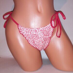 Victoria Secret PINK Swim Bikini Bottom Thong Red White Leopard Ruffle String Ti